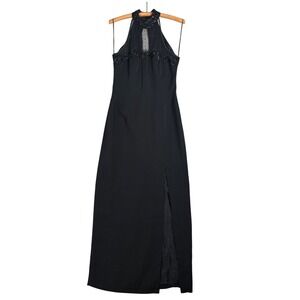 Vintage Dave & Johnny Mesh Cutout Dress Size S Black Halter Beaded Evening Gown